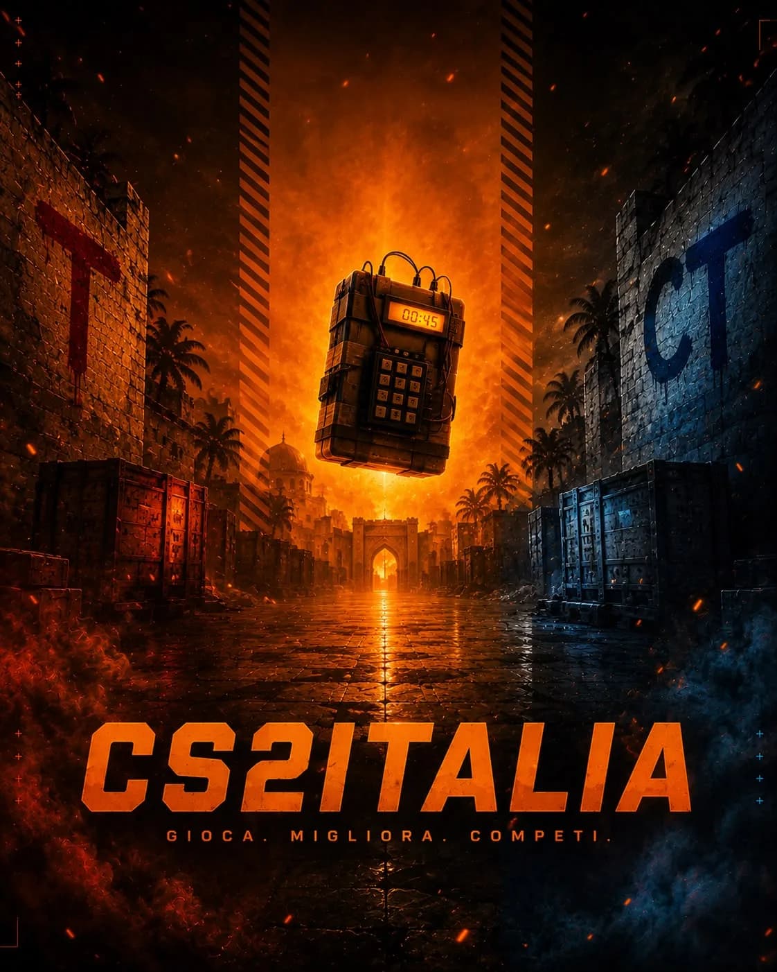Poster CS2 Italia: una bomba C4 sospesa sopra una mappa di Counter-Strike 2, con la scritta CS2 Italia - Gioca. Migliora. Competi.